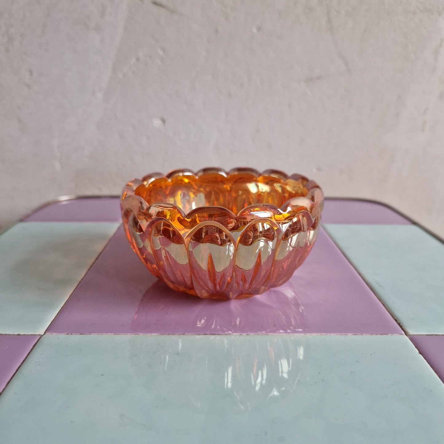 Iridescent marigold carnival glass bowl