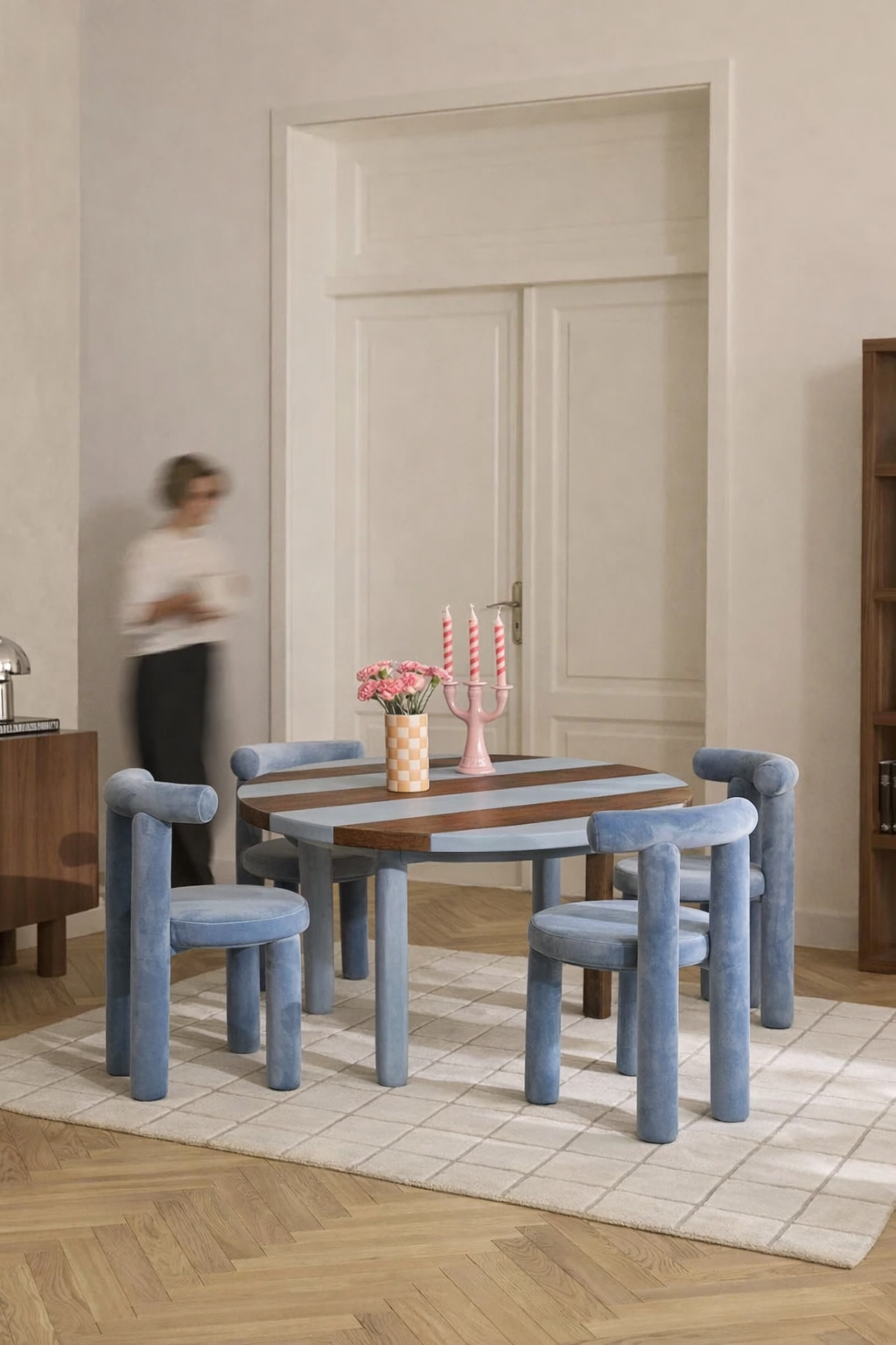 Round wooden table, striped design