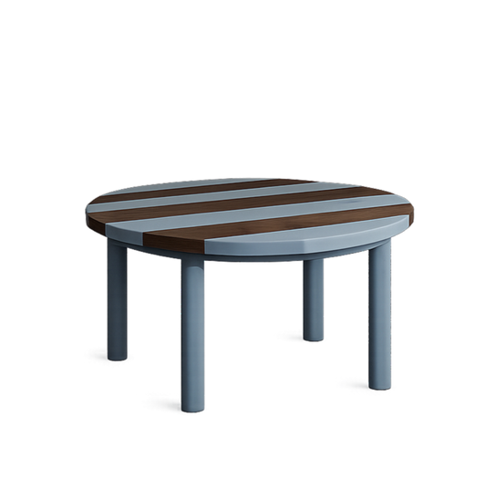 Round wooden table, striped design